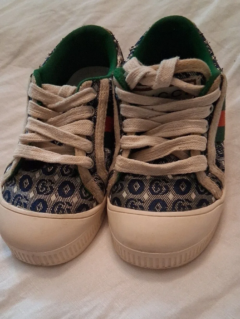 Authentic Gucci Kids Blue Monogram Sneakers with Green & Red Stripe